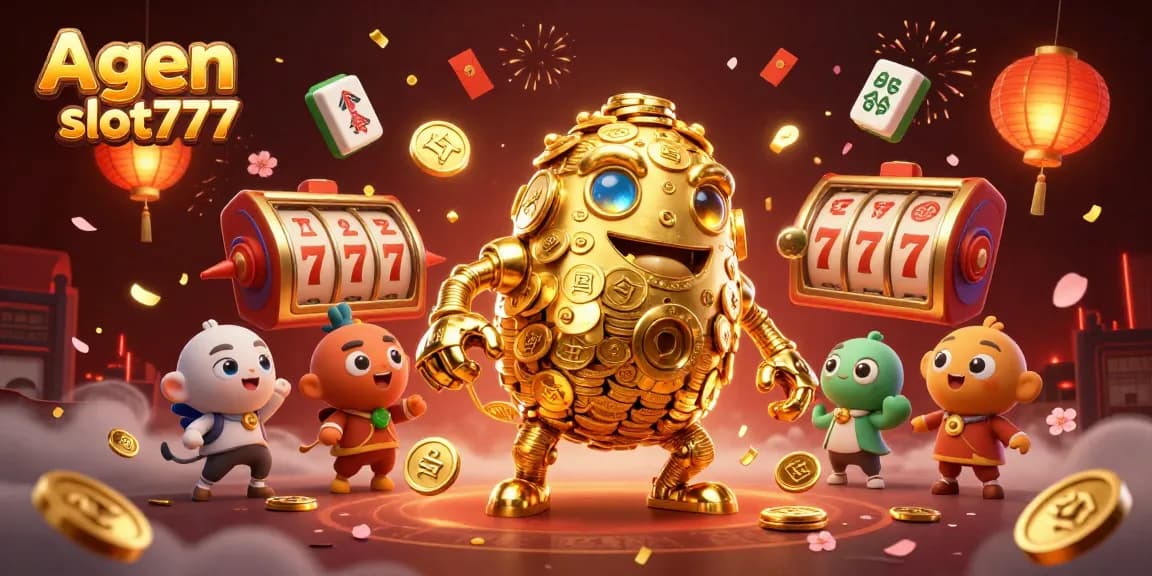 Experience the thrill of agen slot777 with dynamic slot reels and golden golem in a vibrant 3D scene.