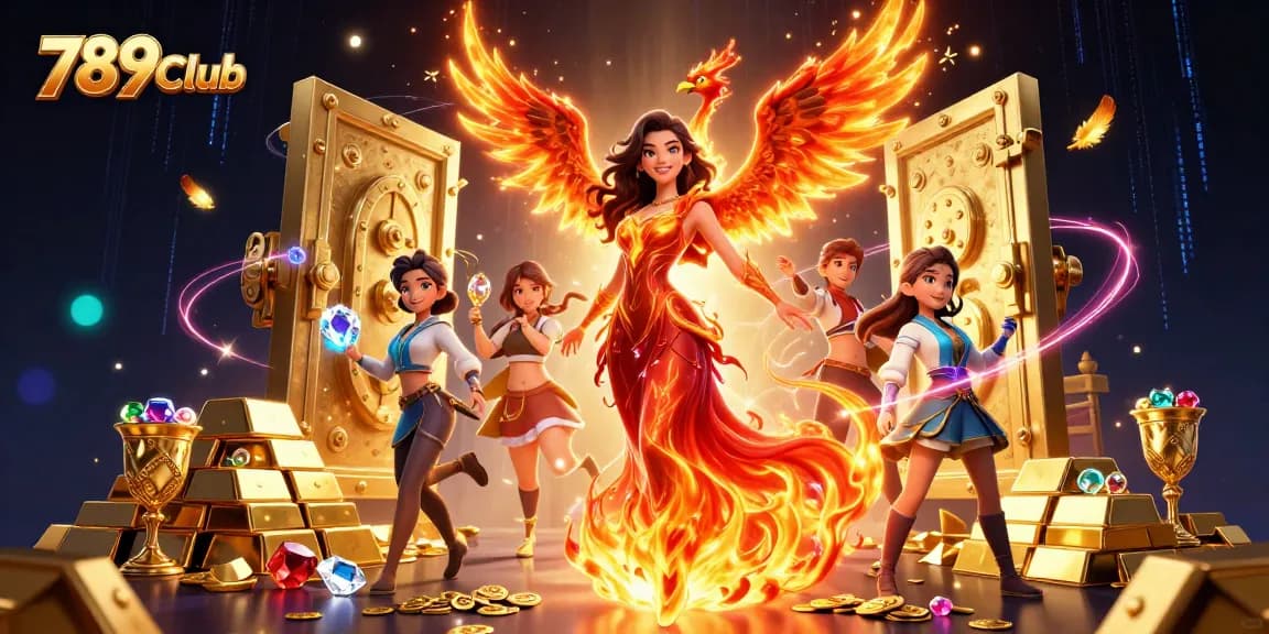 Win big at 789Club with a stunning Asian woman and enchanted phoenix amid treasure in this vibrant casino scene.