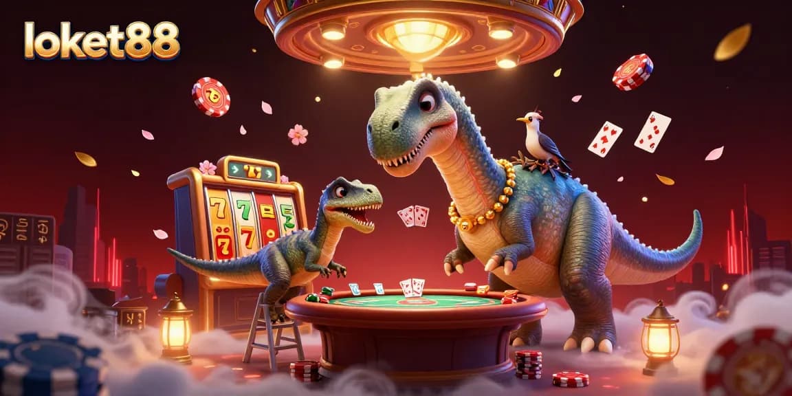 Experience loket88 with a vibrant 3D illustration showcasing dynamic casino excitement and gambling elements.