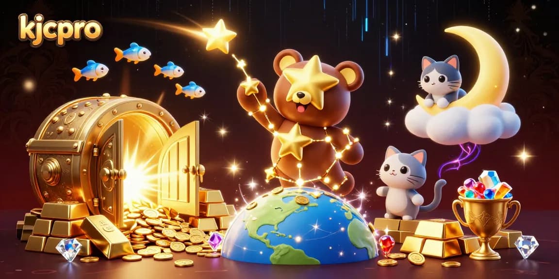 Experience the magic of kjcpro with a vibrant 3D casino-themed illustration, showcasing whimsical characters.