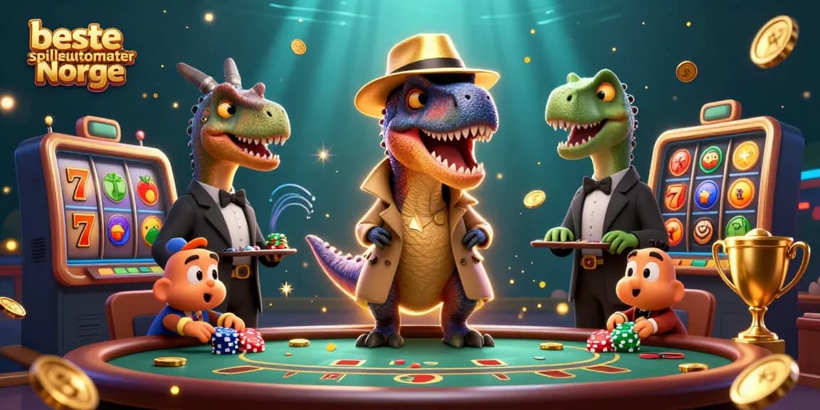 Spill de beste spilleautomater Norge med fargerik 3D illustrasjon av dinosaurer som spiller kort og vinner.