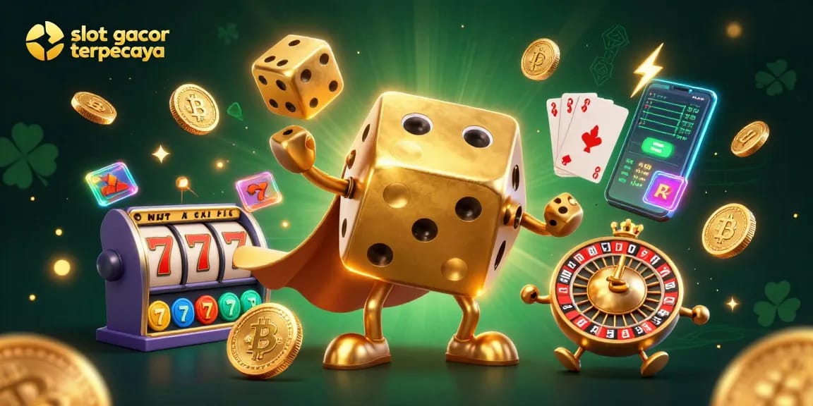 Menangkan permainan slot gacor terpercaya dengan ilustrasi karakter kasino dan elemen kaya visual.