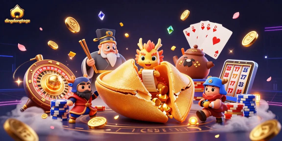 Engage with dingdongtoge by exploring a vibrant lottery scene with golden treasures and dynamic casino elements.