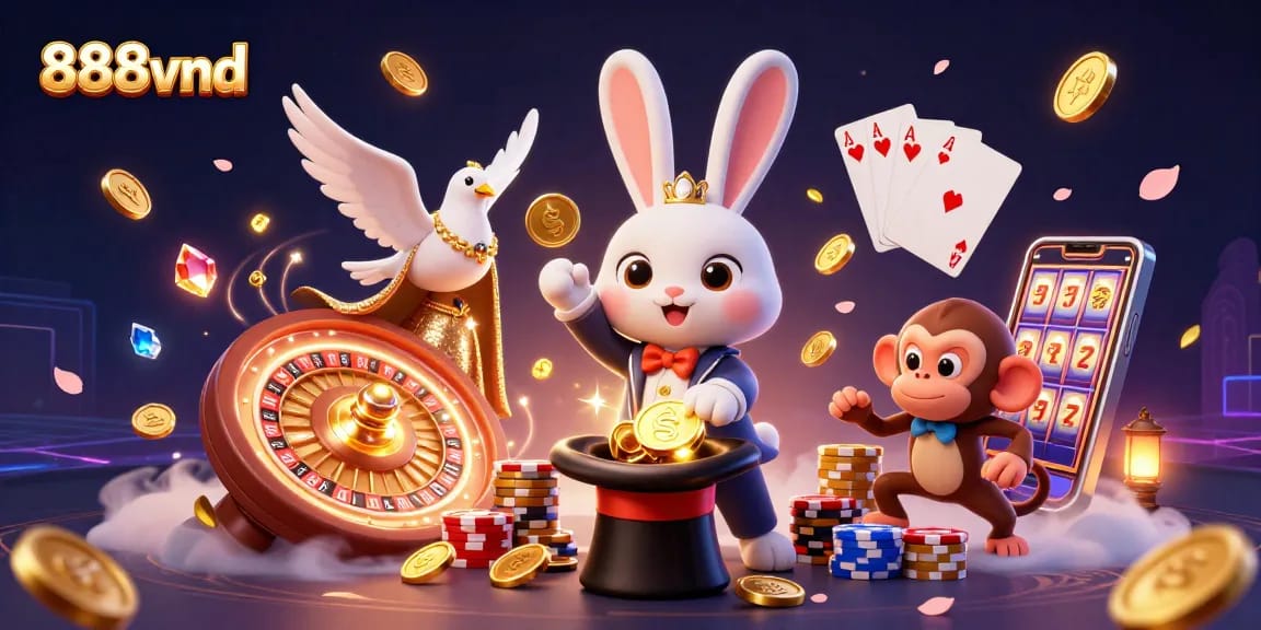 Experience thrilling gaming action at 888vnd with a magician rabbit and poker chips.