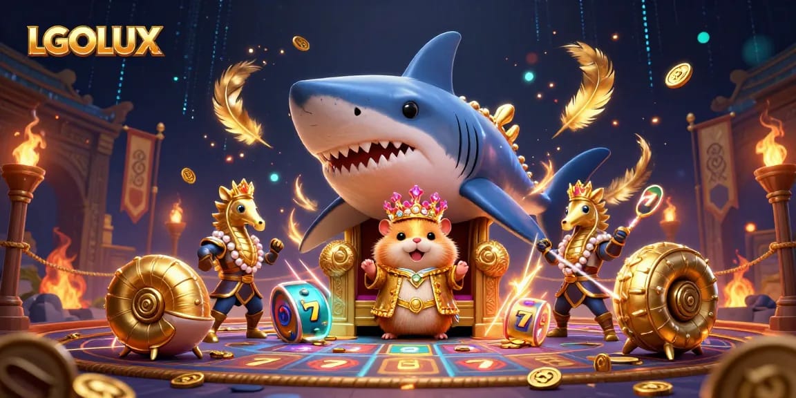 Experience the excitement of LGOLUX casino through a vibrant 3D illustration featuring characters and slot elements.