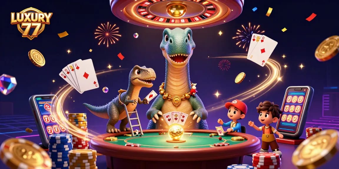 LUXURY 77 captivates players with an exciting 3D casino scene featuring vibrant characters and thrilling gaming elements.