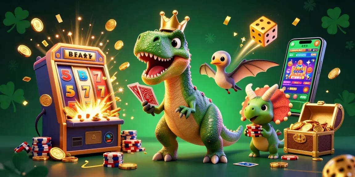 Experience thrilling gameplay with mahjong777, featuring cartoon dinosaurs in a vibrant slot casino scene.