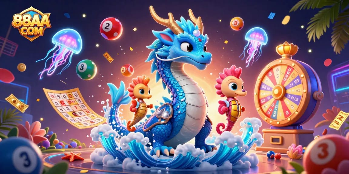 Experience excitement with 88AA COM in this lively casino scene featuring vibrant lottery elements.