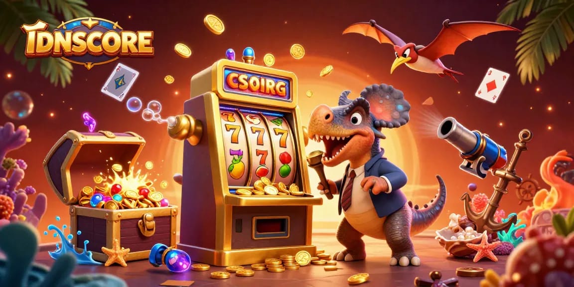 IDNSCORE captures a cartoon dino excitingly headbutting a slot machine, while coins rain down.