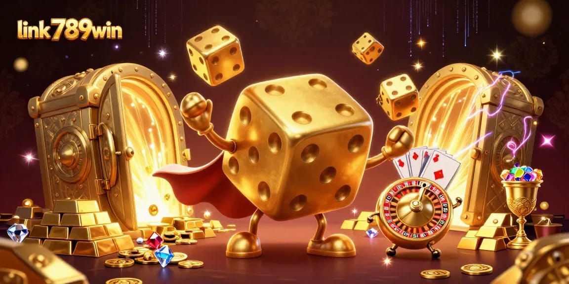 Link 789win features a golden dice golem juggling dice amidst shining treasures in a casino scene.