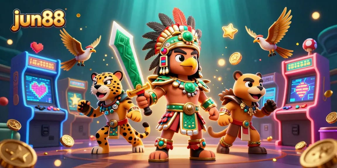 Engage with Jun88’s dynamic gambling scene, featuring Aztec warriors amidst vibrant gaming elements.