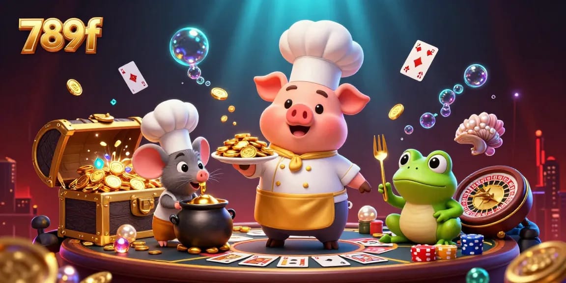 Experience the thrill of gambling with 789f in a vibrant casino-themed 3D illustration featuring playful characters.