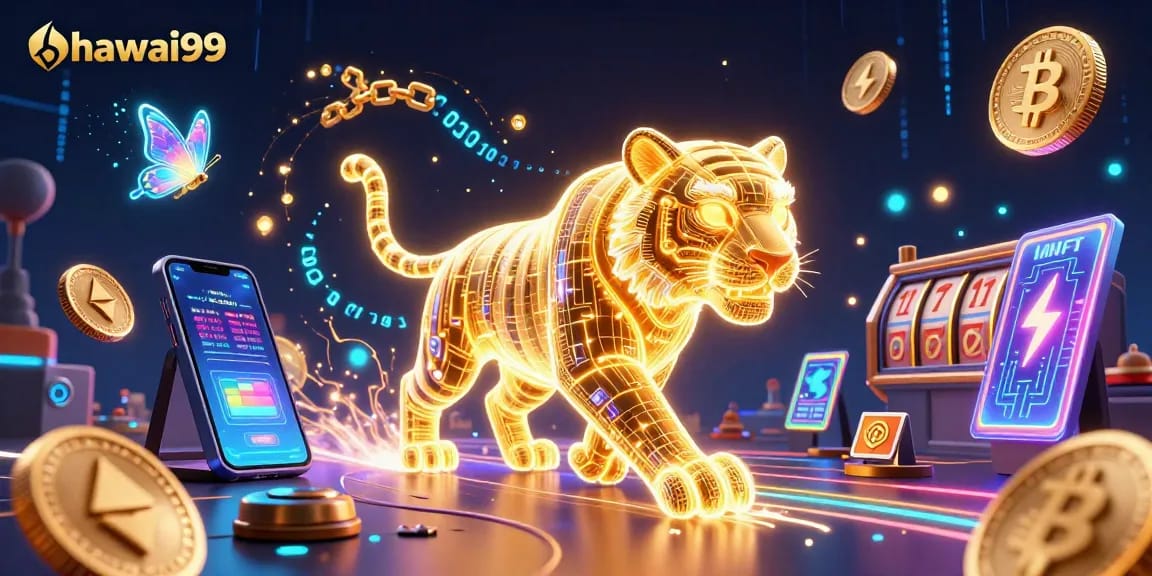 Experience hawai99's thrilling features with a neon casino scene of a golden tiger and crypto elements.