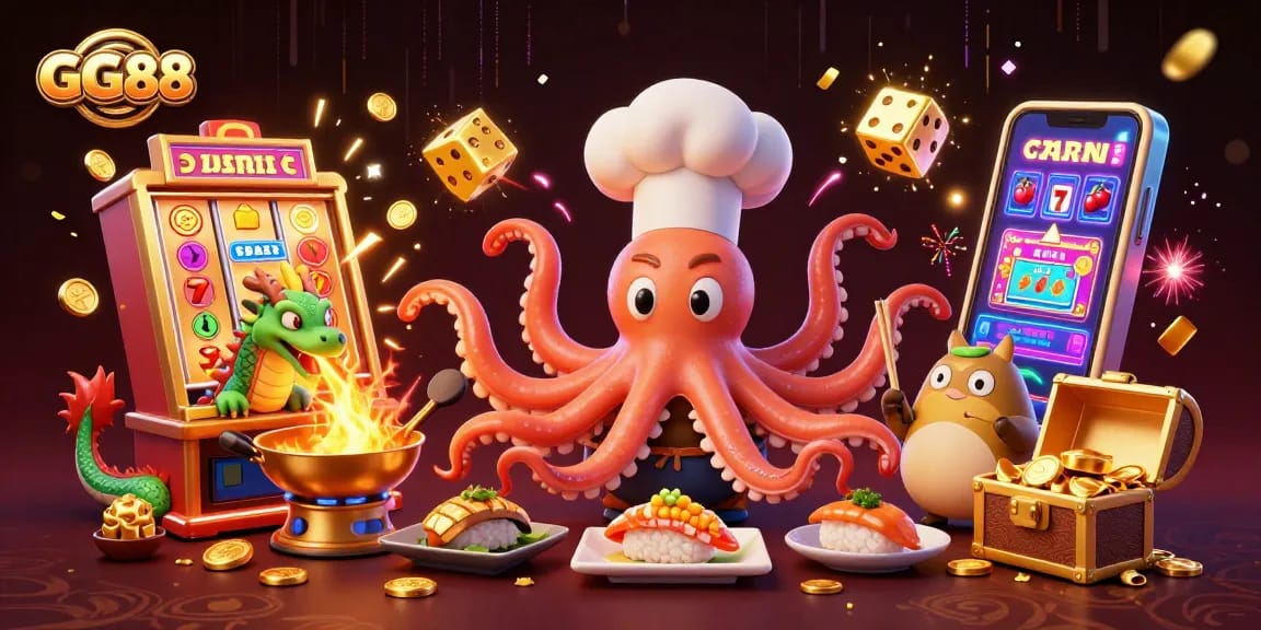 Experience the excitement of GG88 with vibrant casino elements, featuring a sushi chef octopus and friends.