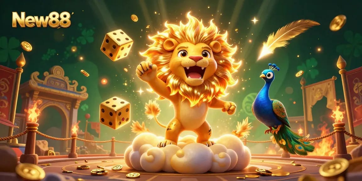 Engage with New88's thrilling online casino experience featuring a roaring sun lion and golden dice.