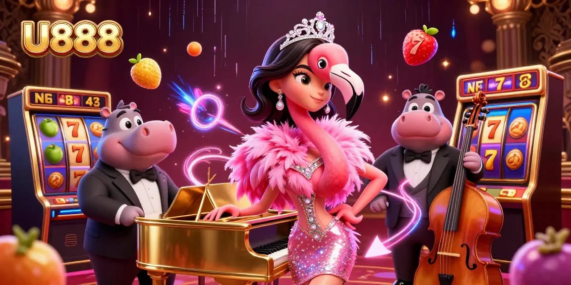 U888 showcases a vibrant scene with a flamingo singer and hippo bassist at a casino backdrop.