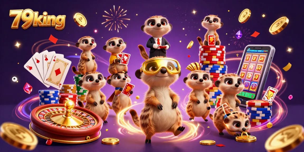 Engage with 79king's lively casino scene featuring meerkats in action, surrounded by golden coins and colorful game elements.