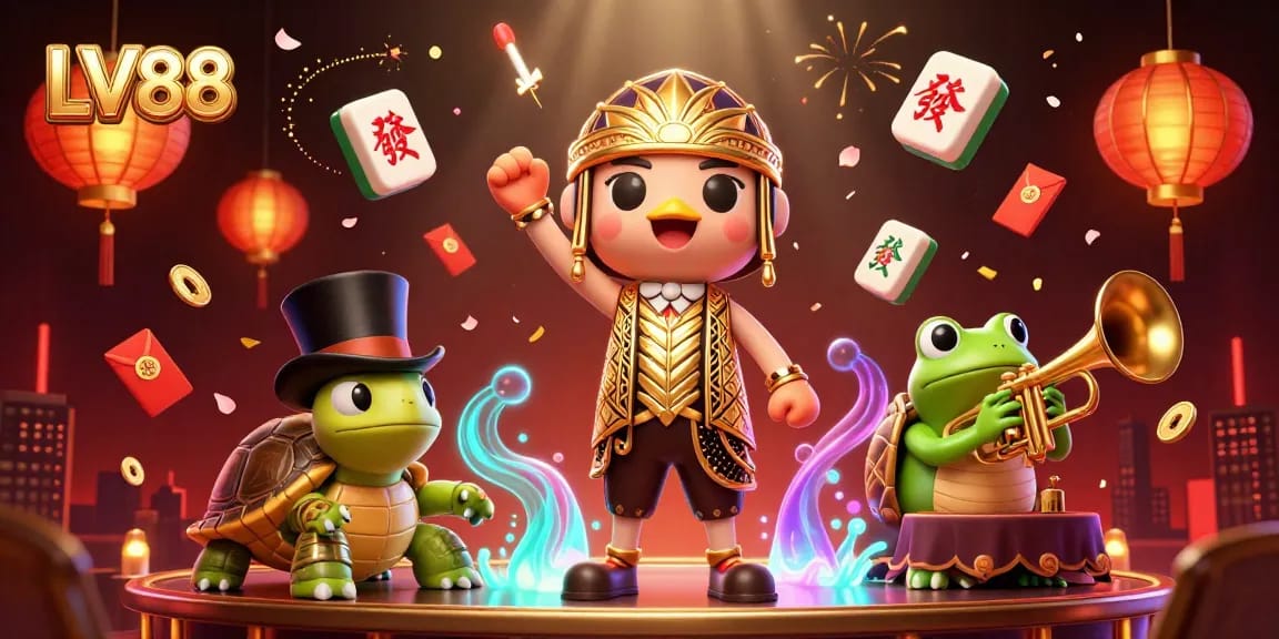 Experience the thrill of LV88 with a vibrant illustration showcasing exciting gambling elements and characters.