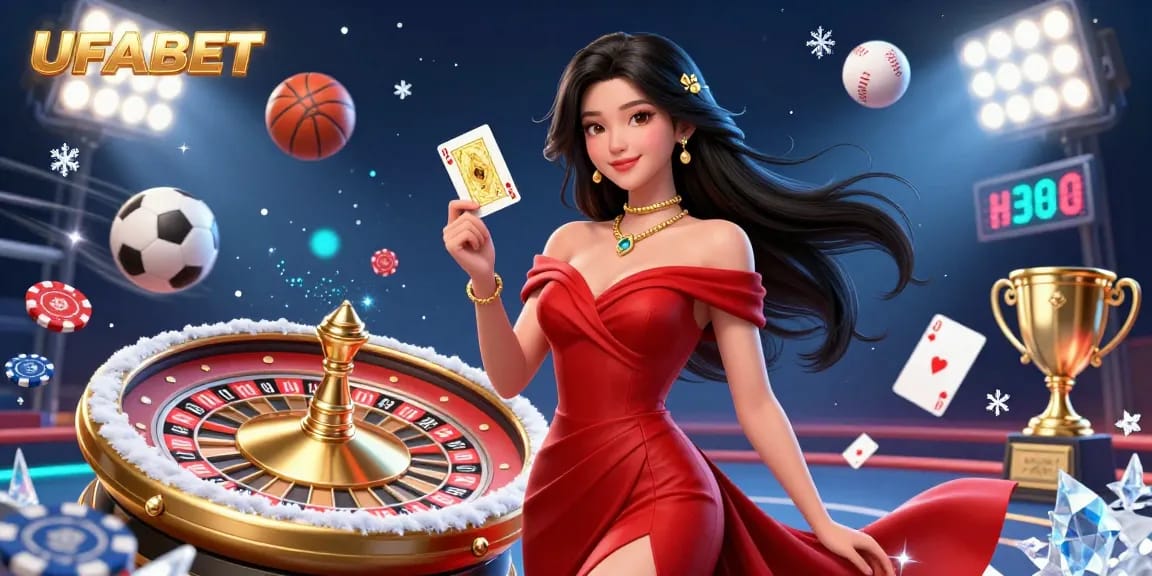 Experience thrilling moments at UFABET's glamorous casino with an enchanting woman and dynamic gaming elements.