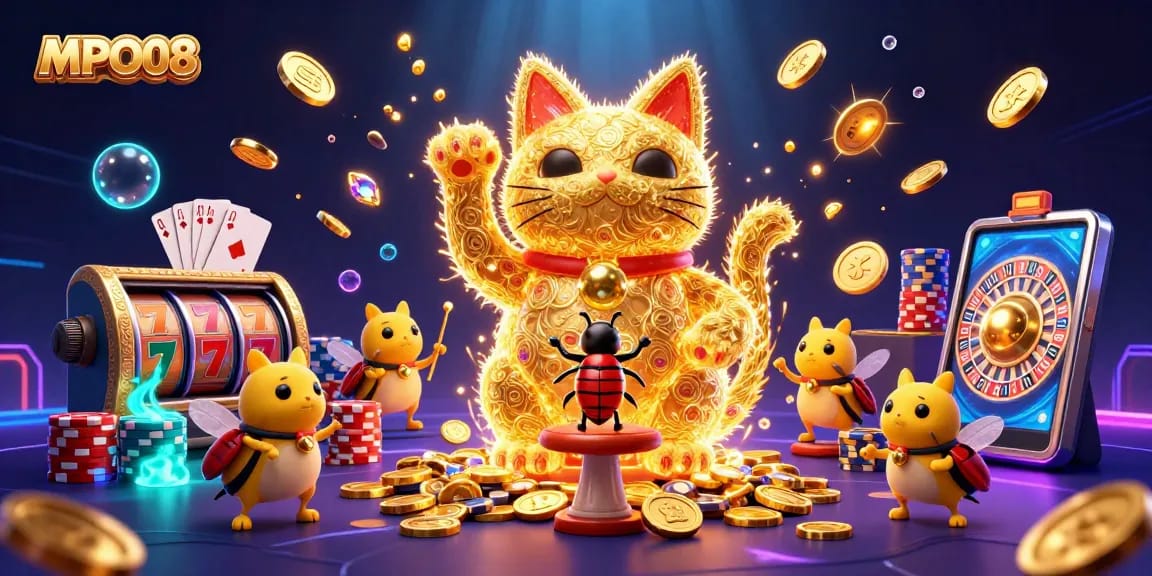 MPO08 invites players to engage with vibrant casino scenes filled with golden lucky symbols, slot reels, and poker elements.