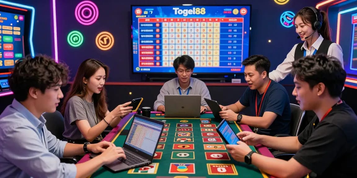 Exciting players engaged with Togel88 Online in a vibrant gaming hub, highlighting interactive lottery experiences and friendly support.