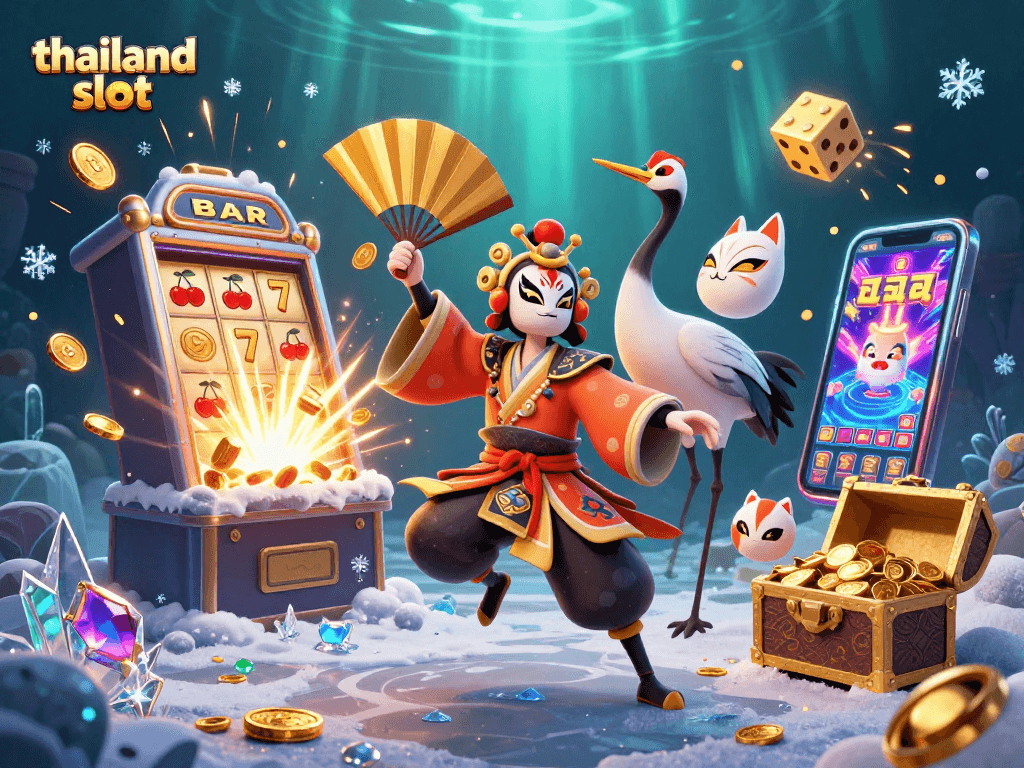 Engage in thrilling thailand slot action with kabuki warrior and kitsune amidst jackpot symbols and a vibrant casino atmosphere.
