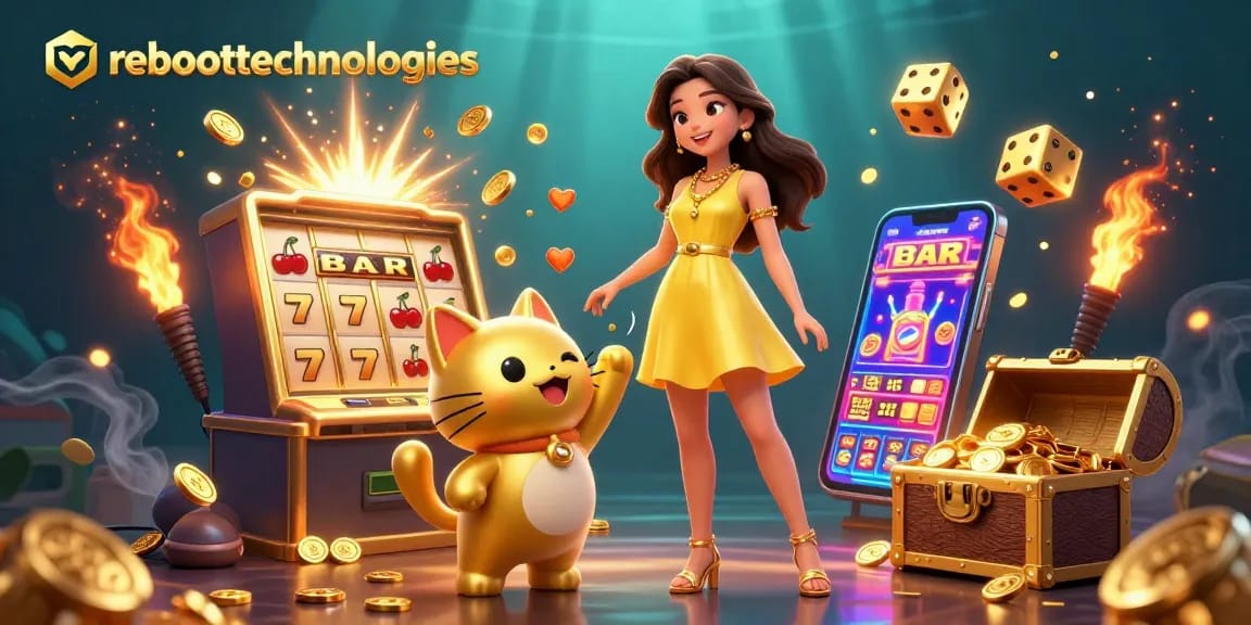 Engage with reboottechnologies in a vibrant 3D casino scene featuring golden lucky cats and jackpot winners.
