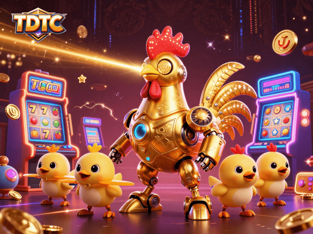 Engage with TDTC's exciting slot machines featuring a golden rooster robot in a vibrant casino scene.