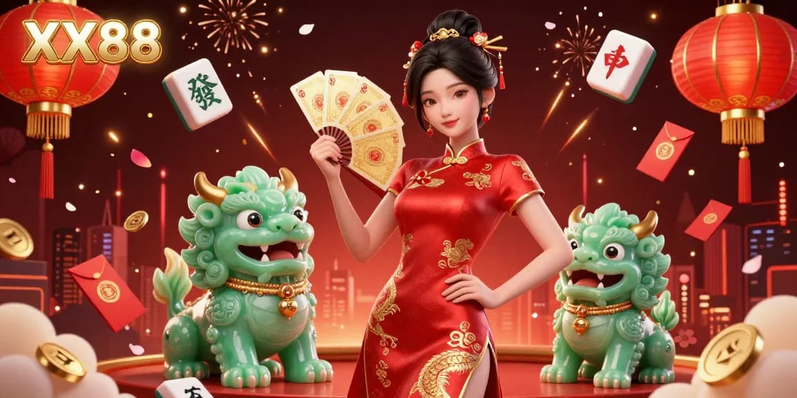 Experience the thrill of XX88 with a vibrant 3D casino scene featuring a woman in a qipao and lucky symbols.