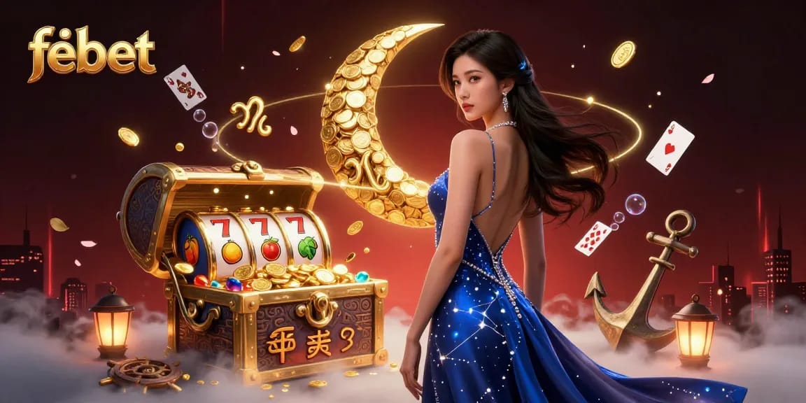 Engage with febet's luxurious casino world, featuring a stunning Asian woman among gold coins and slot reels.