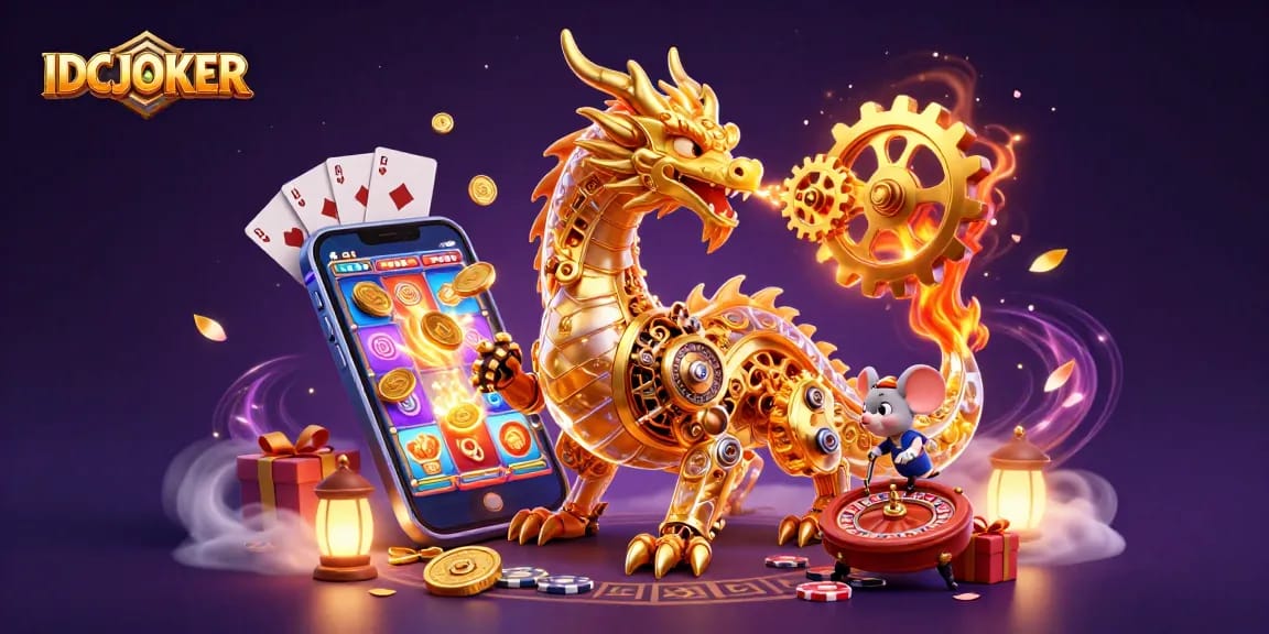 IDCJOKER reveals a vibrant scene of a dragon and mouse engineer among colorful slot game elements and sparkling coins.