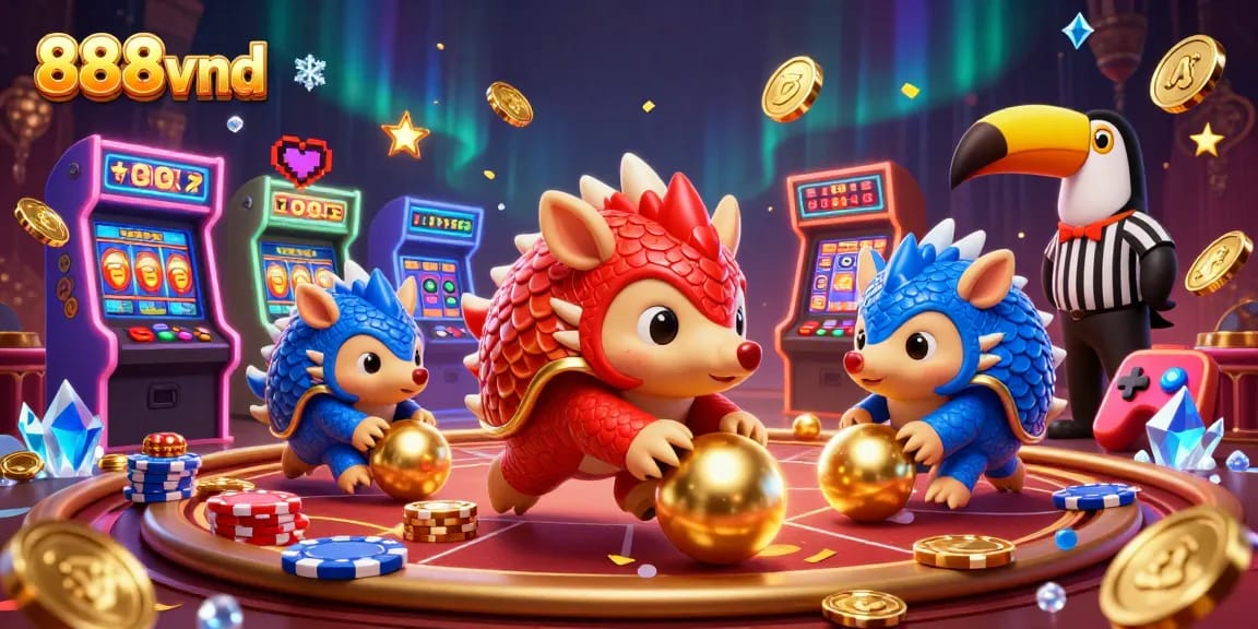 Experience the excitement of 888vnd with vibrant pangolin characters and poker chips in a fun casino scene.