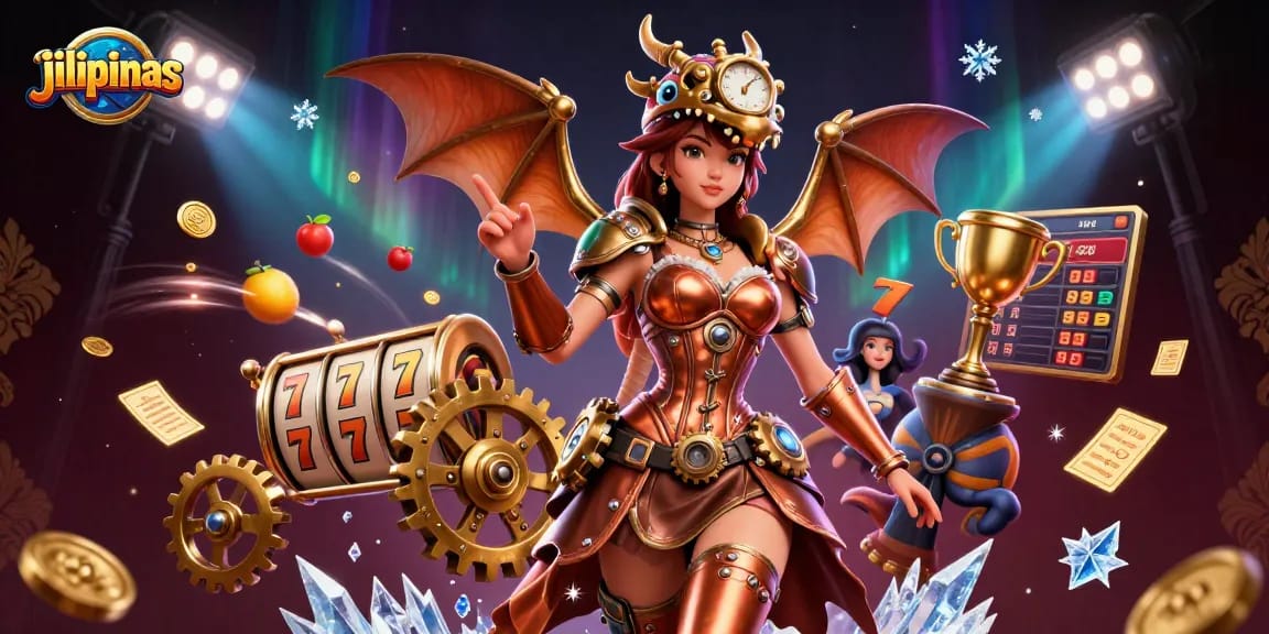 Play exciting slots at jilipinas with a stunning steampunk-themed casino scene filled with dynamic elements.