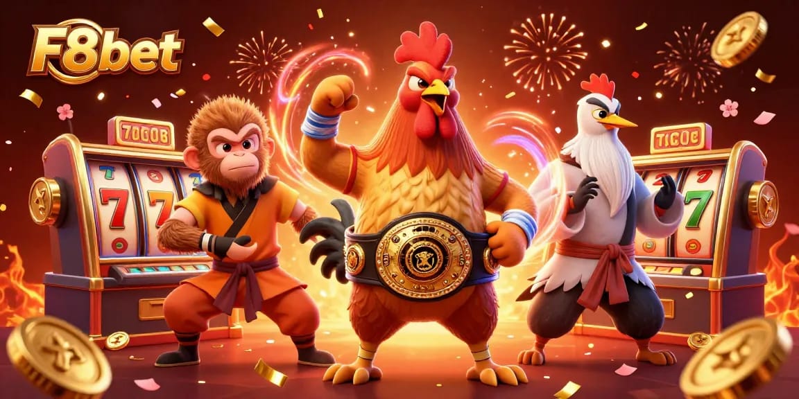Experience the thrill of slots with F8bet's dynamic casino scene featuring vibrant characters and festive elements.