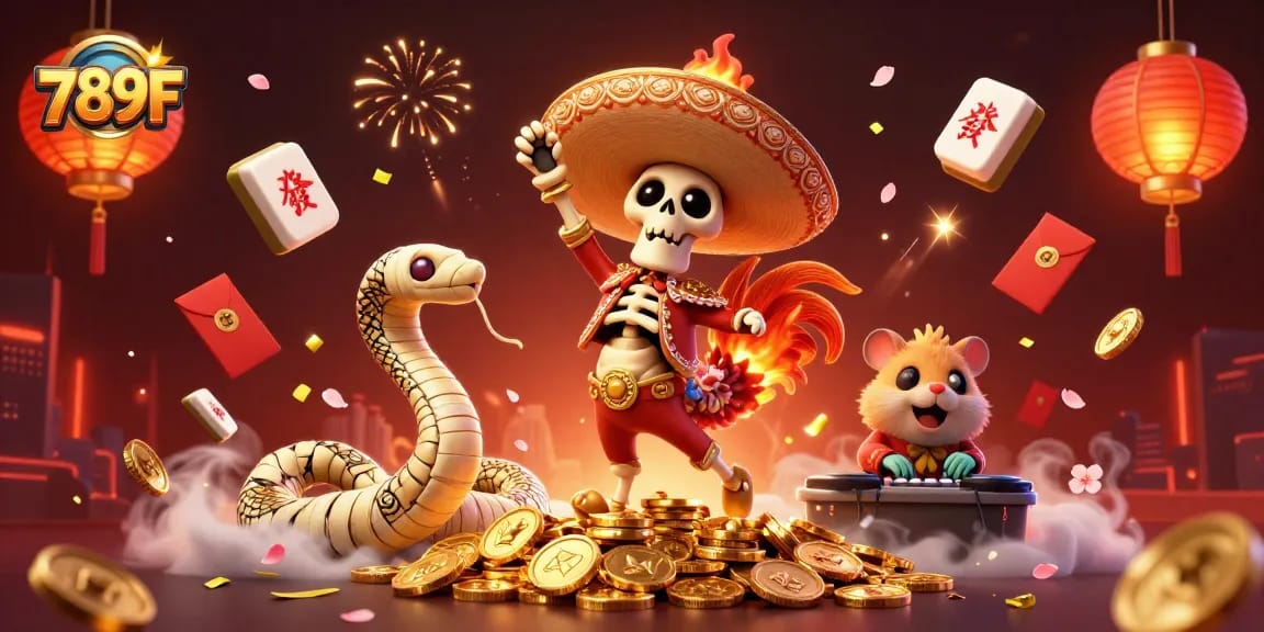 Experience the vibrant excitement of 789F with a lively casino scene featuring unique gaming characters.