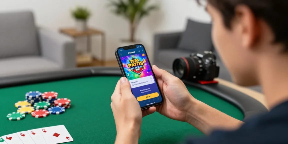 Login to Teen Patti Vegas app on smartphone amid colorful gaming chips.