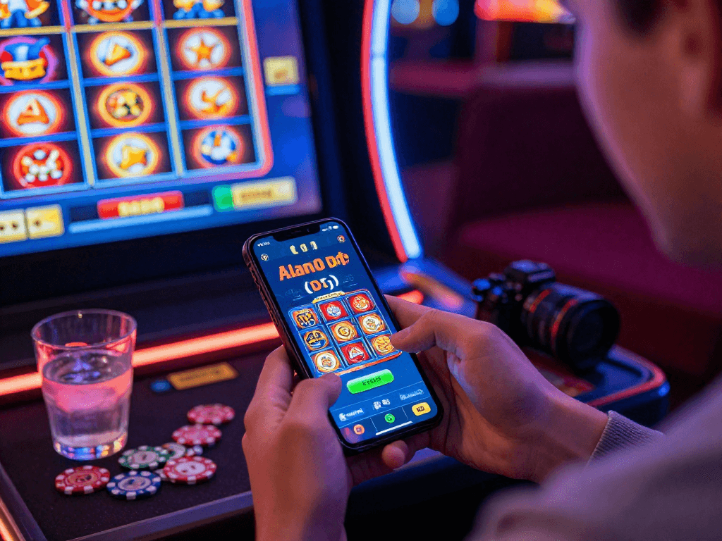 Engaged user playing Alano Dt 5 app on smartphone, surrounded by vibrant casino game visuals.