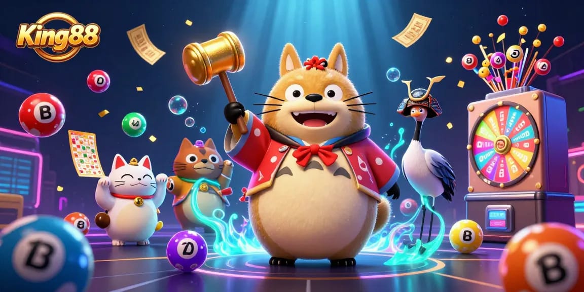 Experience the thrill with King88 in this vibrant 3D illustration of cheerful characters celebrating luck and fortune.