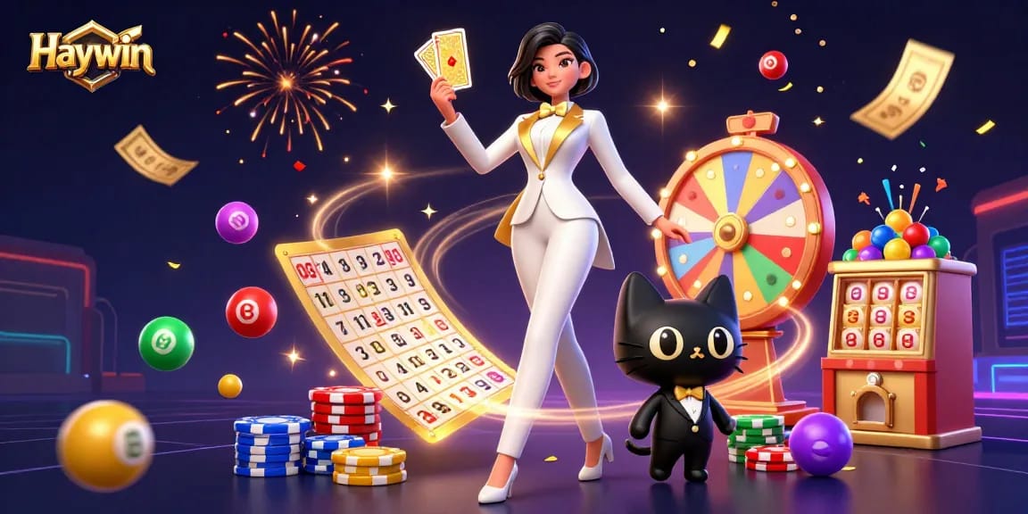 Engage in the vibrant world of Haywin with lively lottery and bingo games, showcasing colorful elements and excitement.
