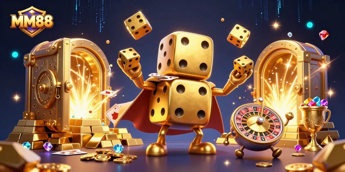 Experience the thrill of MM88 with dynamic characters and vibrant casino elements in a captivating 3D illustration.