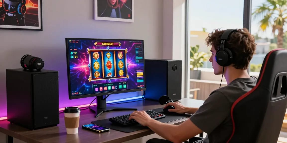 Engaging scene of a user playing Login Cemeslot Resmi on a gaming setup, showcasing vibrant slot graphics and a modern home environment.