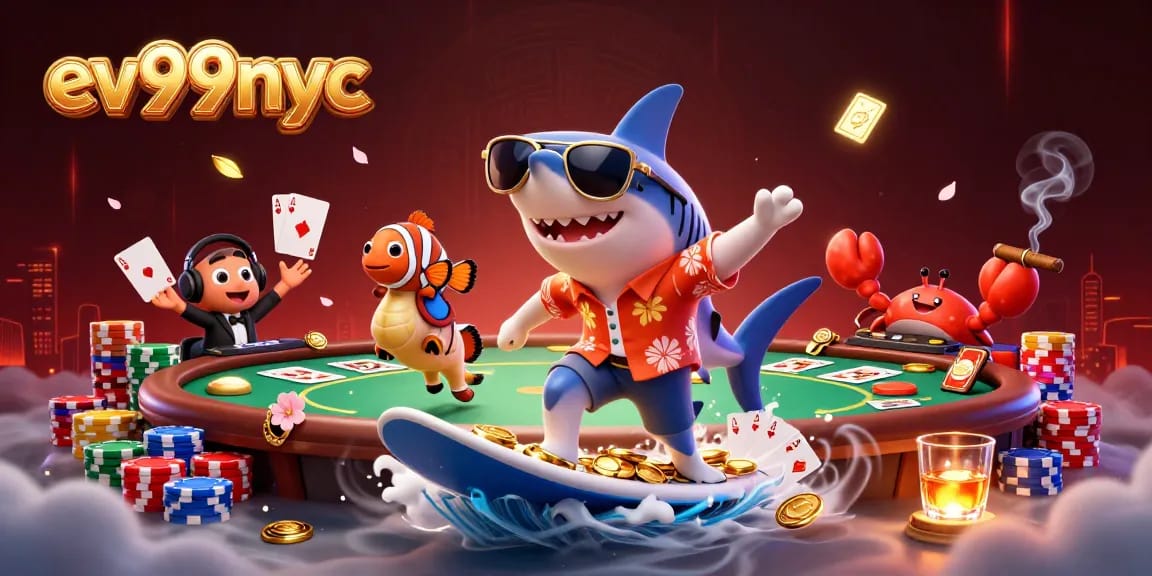ev99nyc invites players to dive into a thrilling casino adventure with a vibrant illustration of a shark and unique sea creatures.