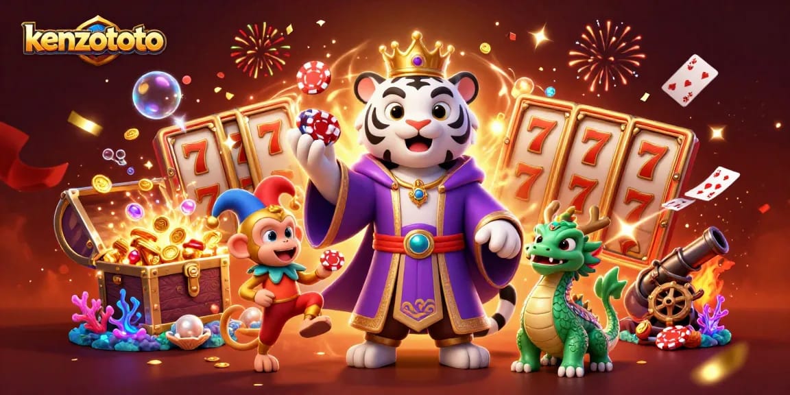 Kenzototo showcases a thrilling casino scene with an elegant white tiger, golden monkey, and jade dragon amidst vibrant gaming elements.