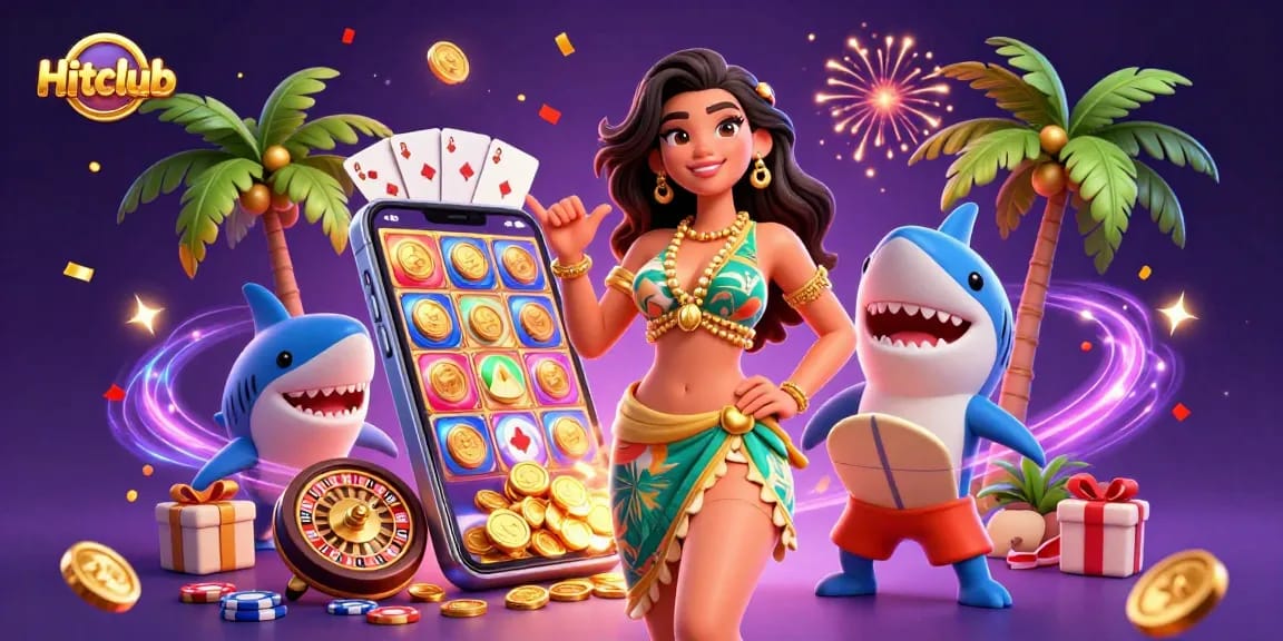 Hitclub shows a glamorous woman and a surfer shark in a lively casino scene filled with games, coins, and joy.