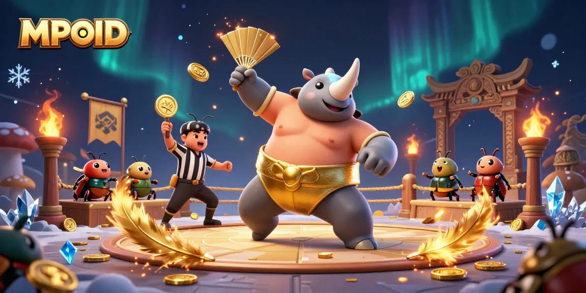 MPOID presents a sumo champion beetle amidst golden coins, creating an exciting gaming atmosphere.