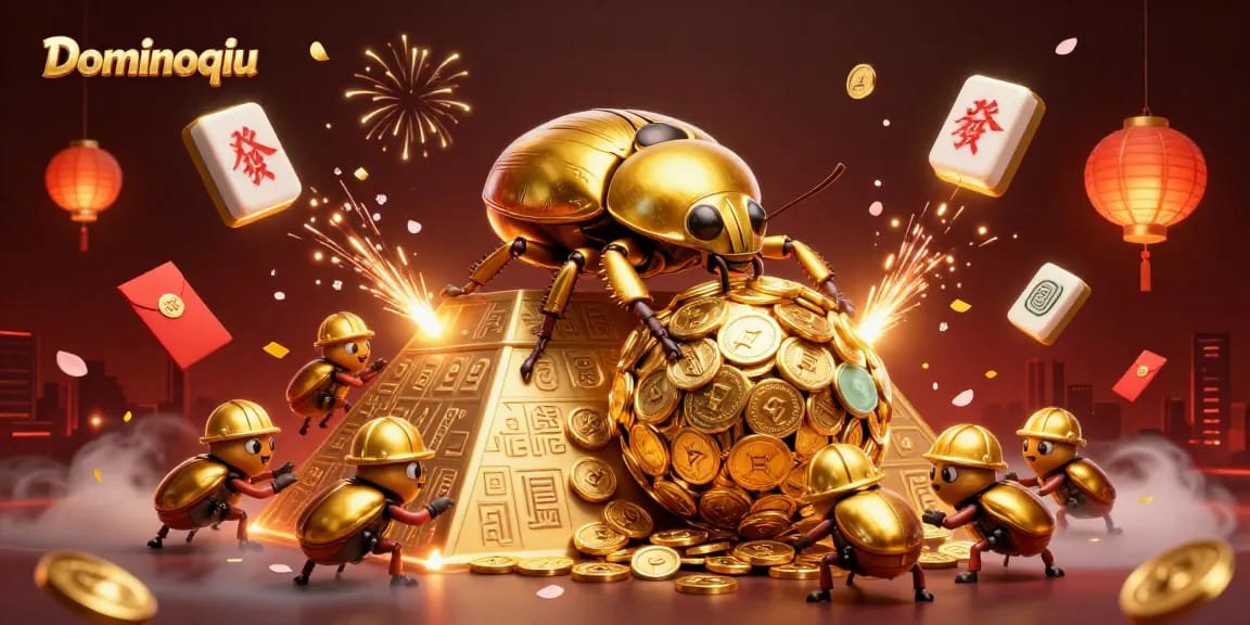 Play Dominoqiu with excitement as a golden beetle rolls wealth upwards in a vibrant casino scene.