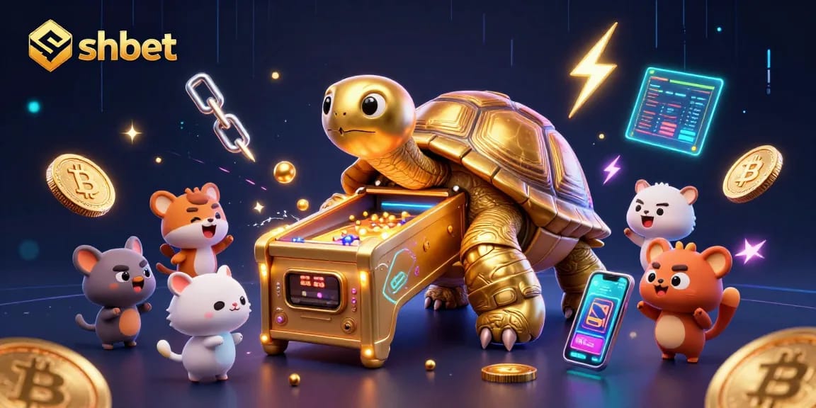 Engage in exciting gaming experiences at SHBET with vibrant casino elements and a glowing golden tortoise.