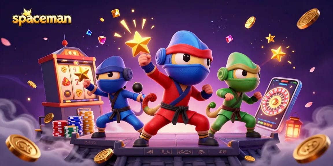 Win big with spaceman-themed slot games featuring vibrant ninjas and lucky symbols.