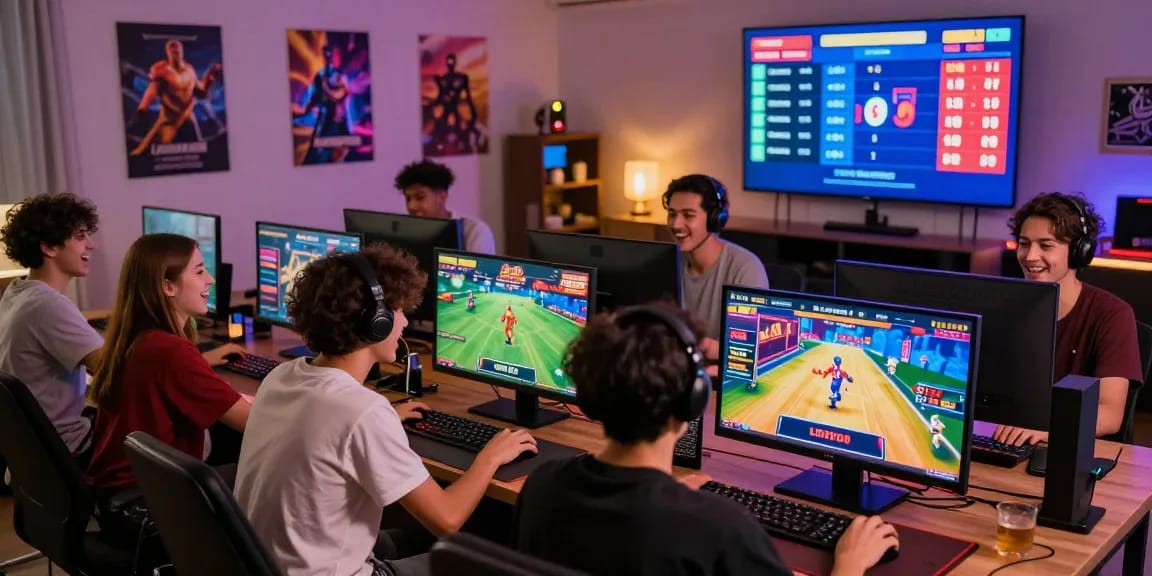A lively gaming atmosphere featuring diverse players on the RED88 platform enjoying sports betting and live casino games, capturing the excitement of online gambling.