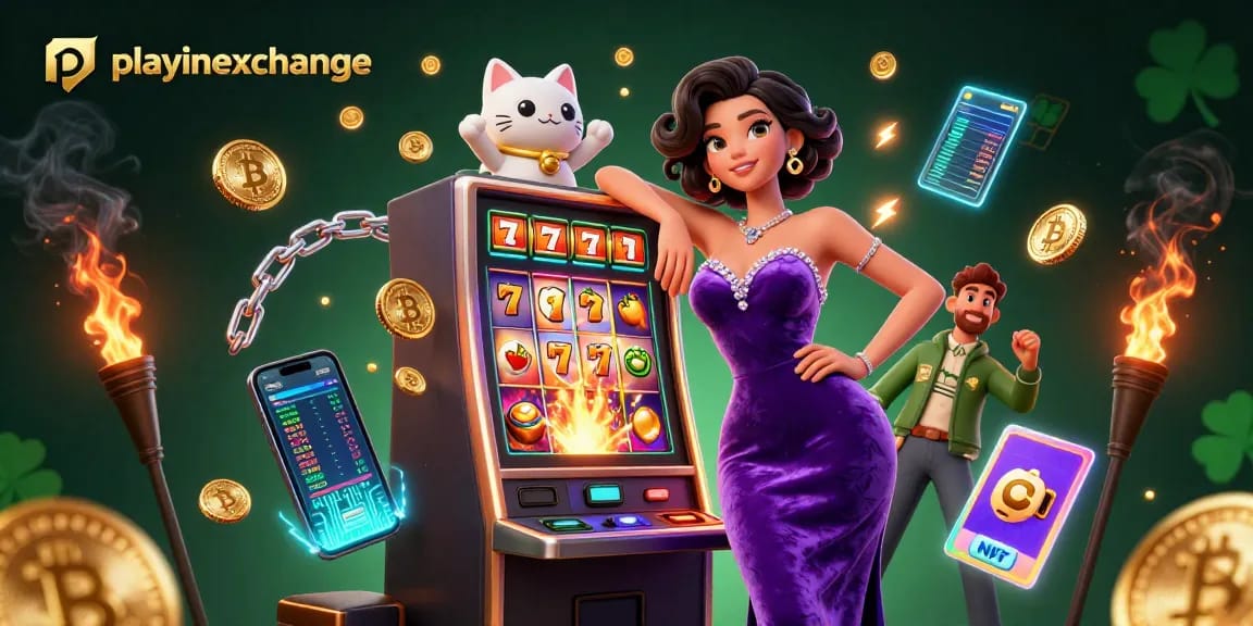 Playinexchange enhances your gaming with a glamorous jackpot scene featuring slot machines and crypto elements.